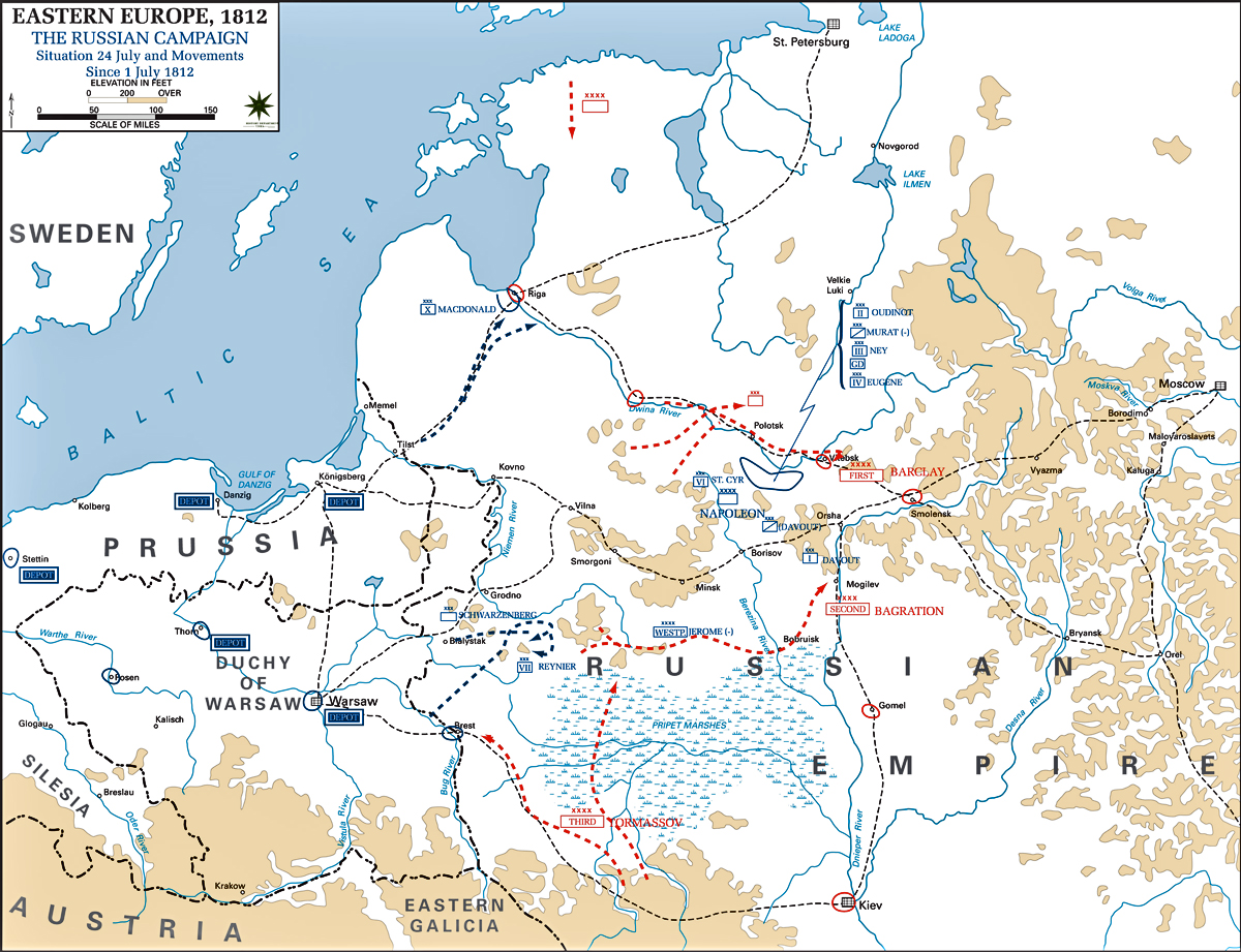 kaart van de aanval 1812 Napoleon naar Rusland