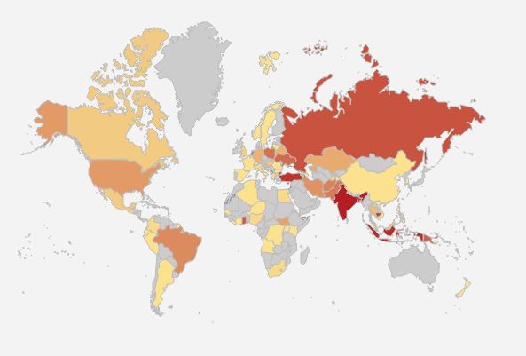 Wereldkaart van Forebears.io