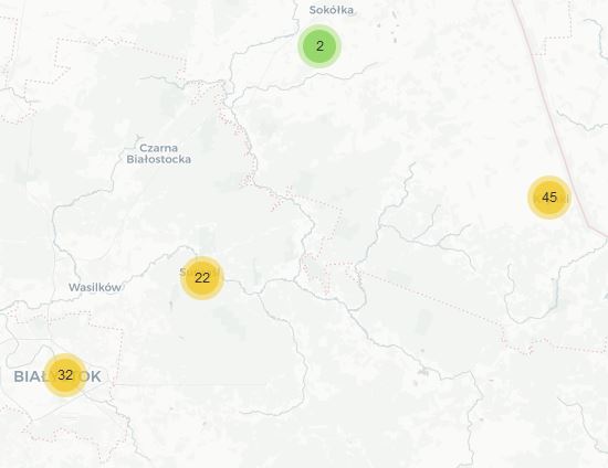 Verspreiding Pul in Polen rond Bialystock